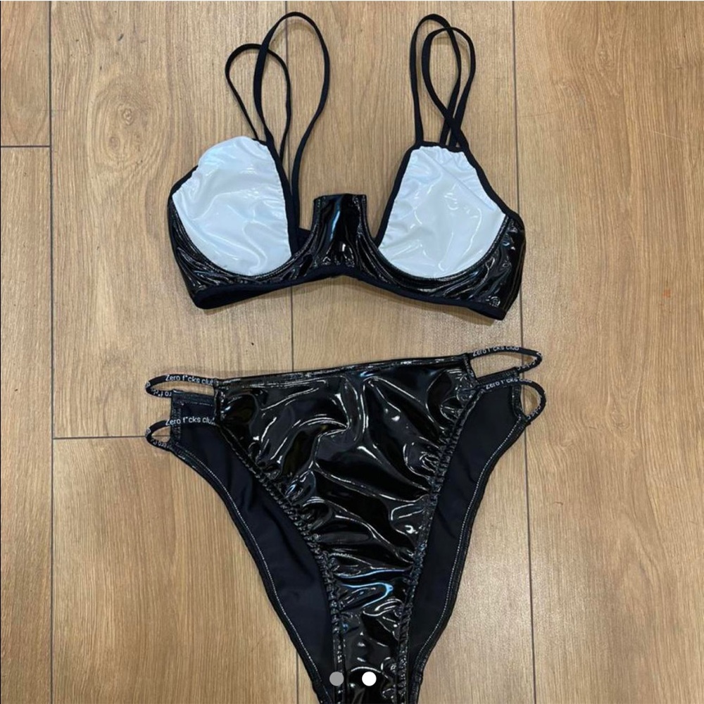 iHeartRaves Black Vinyl Bikini Set with White Lining